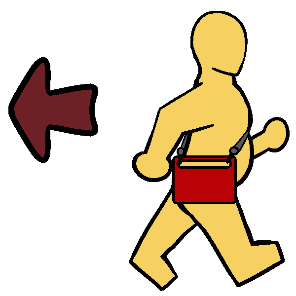 A fat yellow person with a red AAC tablet on a shoulder strap walking with an arrow behind them, pointing behind them.